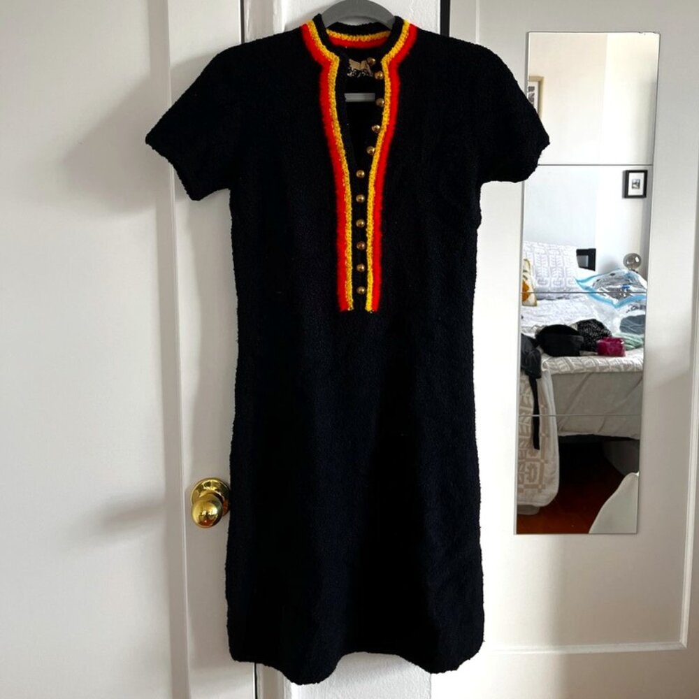 Vintage Black Mini Dress with Red / Yellow Accents and Gold Buttons